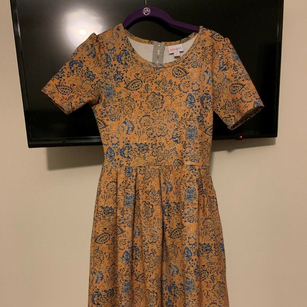 LulaRoe Yellow and Blue Gorgeous Amelia XS Dress